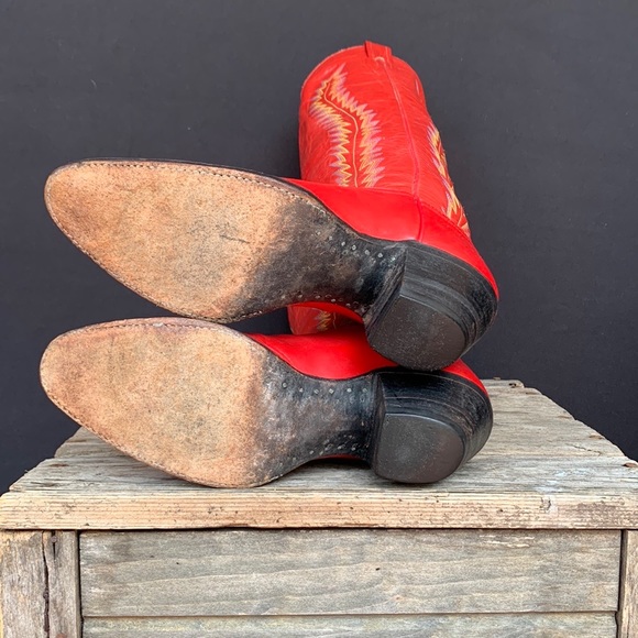 LARRY MAHAN Vintage Red Tall Knee High Cowgirl Cowboy Western Boots Size 7.5 - Picture 7 of 9